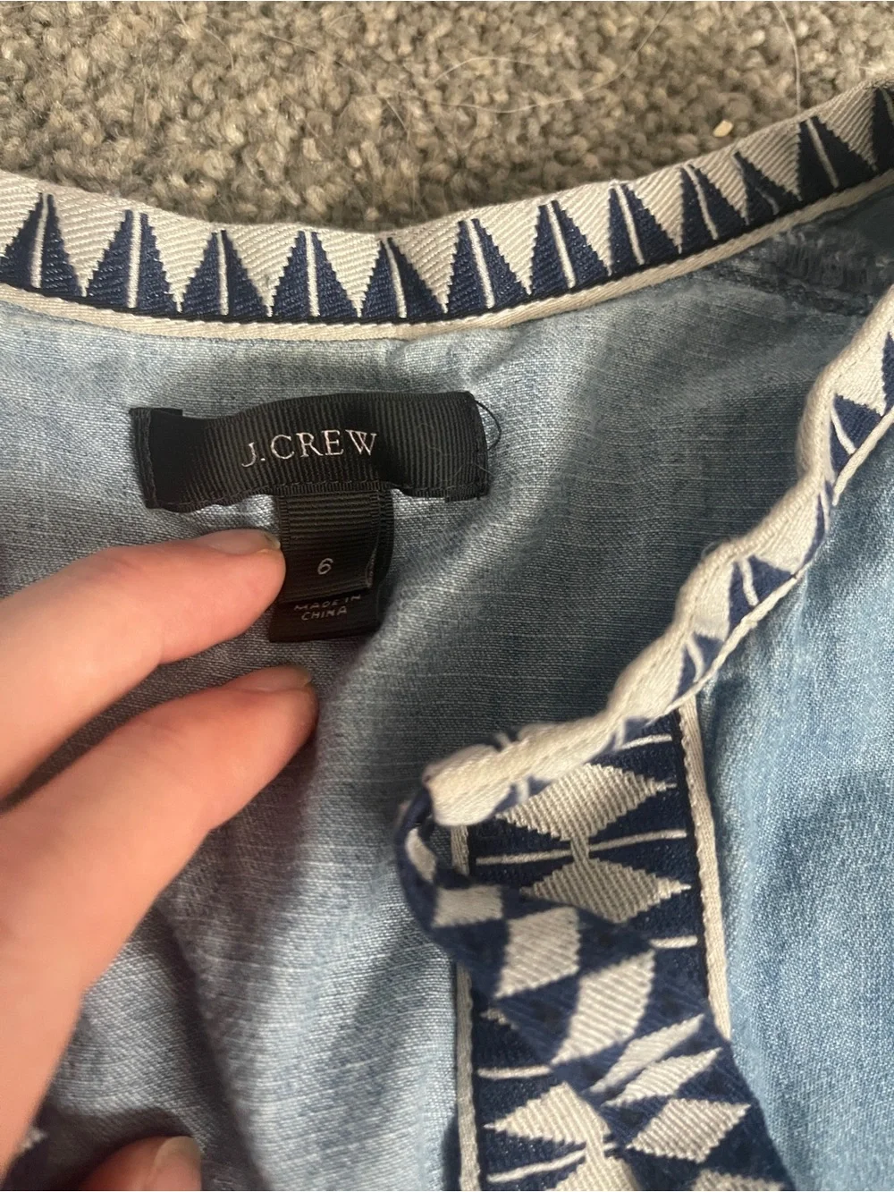 J.Crew Chambray Shift Dress 100% cotton Blue Embroidered Trim Sleeveless Size 6